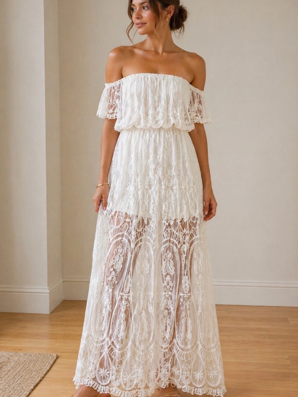 A.Peach White bohemian lace strapless dress with attached shorts
